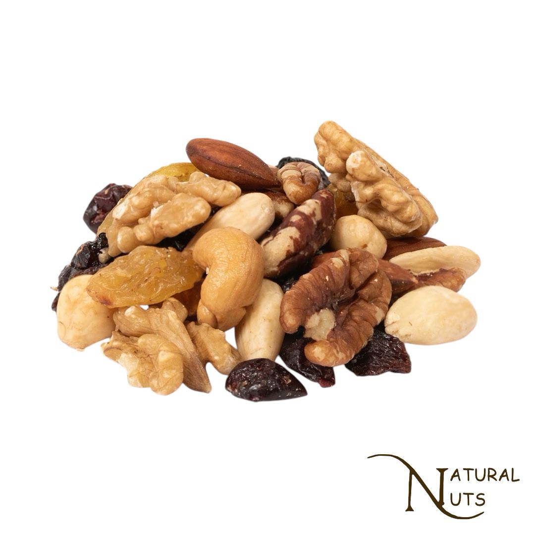 Luxe ongezouten notenmix met cashewnoten, amandelen, hazelnoten, pecannoten, rozijnen en cranberries.