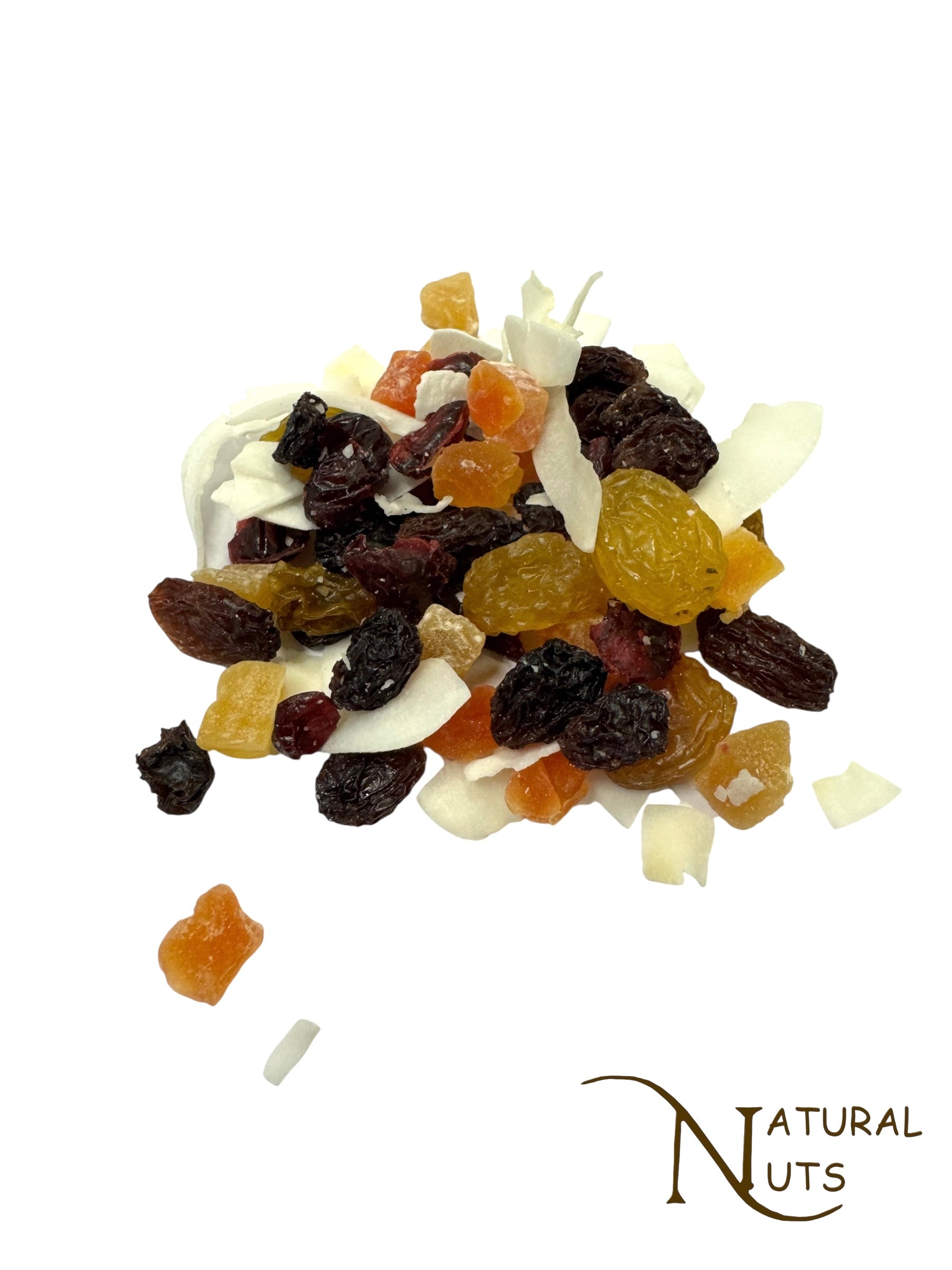 Gezonde snackmix van gedroogde vruchten. De Tropische mix bestaat uit rozijnen, papaja, cranberries, kokos, ananas. 