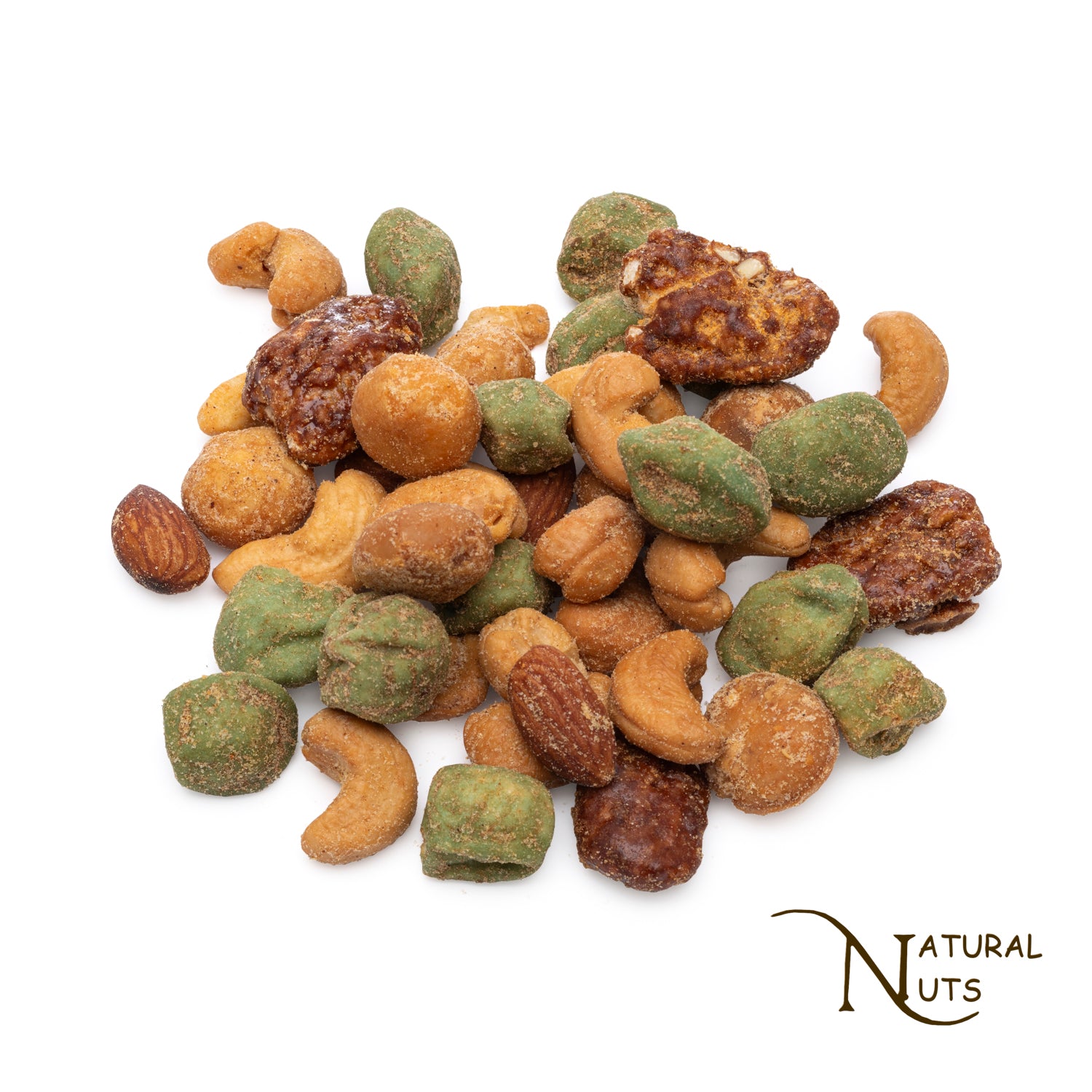 Wasabi hotmix is een smaakvolle luxe  notenmix met cashewnoten, amandelen, crackers wasabi crackers, pecannoten en macadamia's. De lekkerste noten bestel je online. 