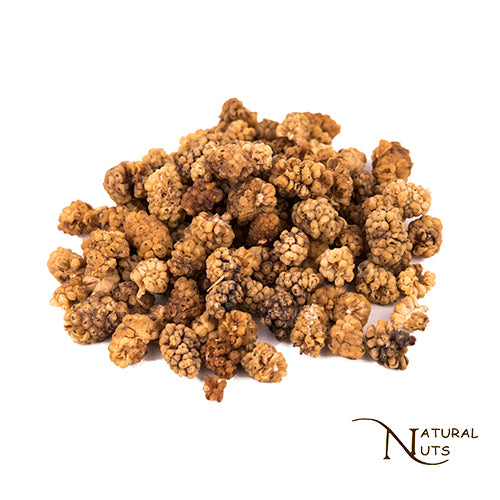 Gedroogde moerbeibessen, rijk aan antioxidanten, vitamine C en vezels, perfect voor muesli, smoothies of als gezonde snack.