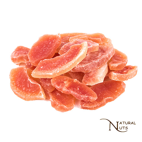 Gedroogde papaja gesuikerd, ideaal voor snacks, muesli, salades en bakproducten, met een zoete, tropische smaak.